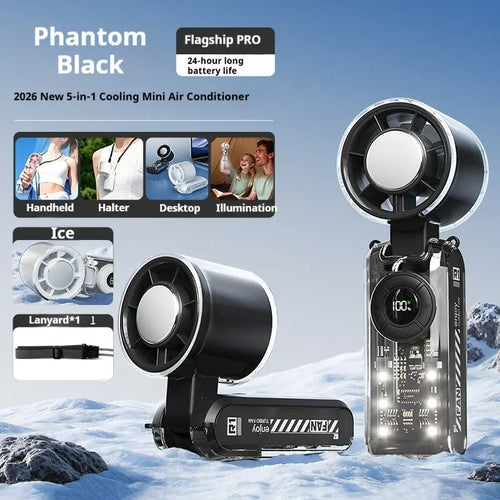 Qawtor 2026 Refrigeration Handheld Turbo Fan, 3600Mah Battery Operated, up to 12 Working Hours, 199-Level Stepless Control with Digital Display, 5-In-1 Handheld/Neck/Desktop Cooling Fan for Travel, Dorm & Office, Fathers Day Gift Portable