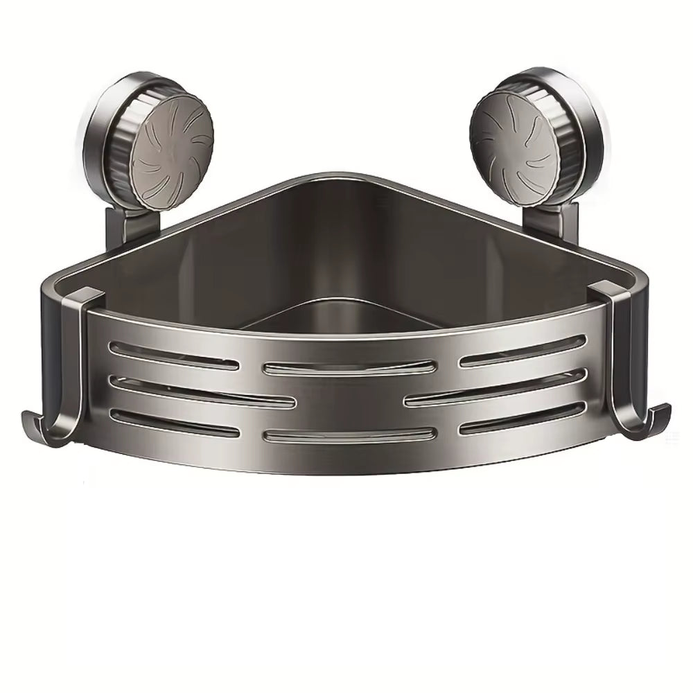 Triangular Suction Cup Bathroom Storage Shelf - No Drilling Required, Multifunctional Organizer with Hooks