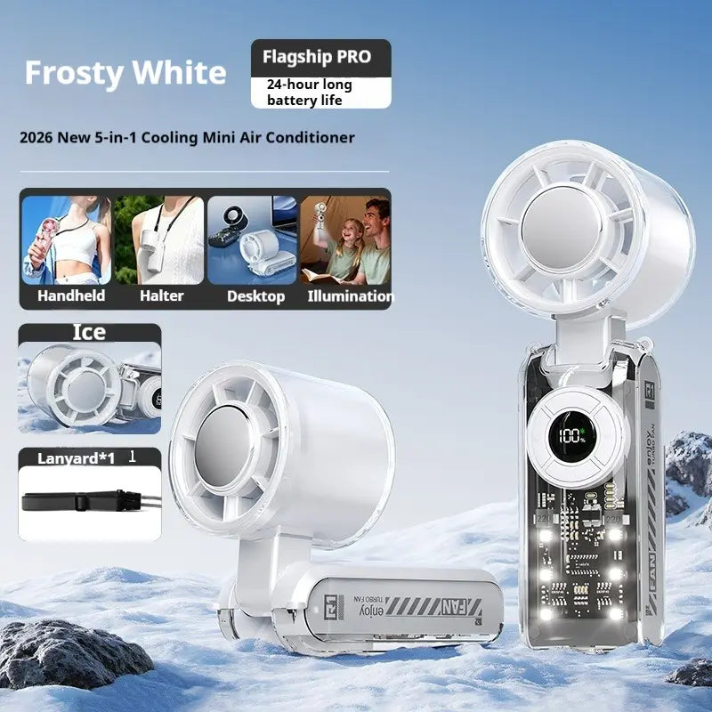 Qawtor 2026 Refrigeration Handheld Turbo Fan, 3600Mah Battery Operated, up to 12 Working Hours, 199-Level Stepless Control with Digital Display, 5-In-1 Handheld/Neck/Desktop Cooling Fan for Travel, Dorm & Office, Fathers Day Gift Portable