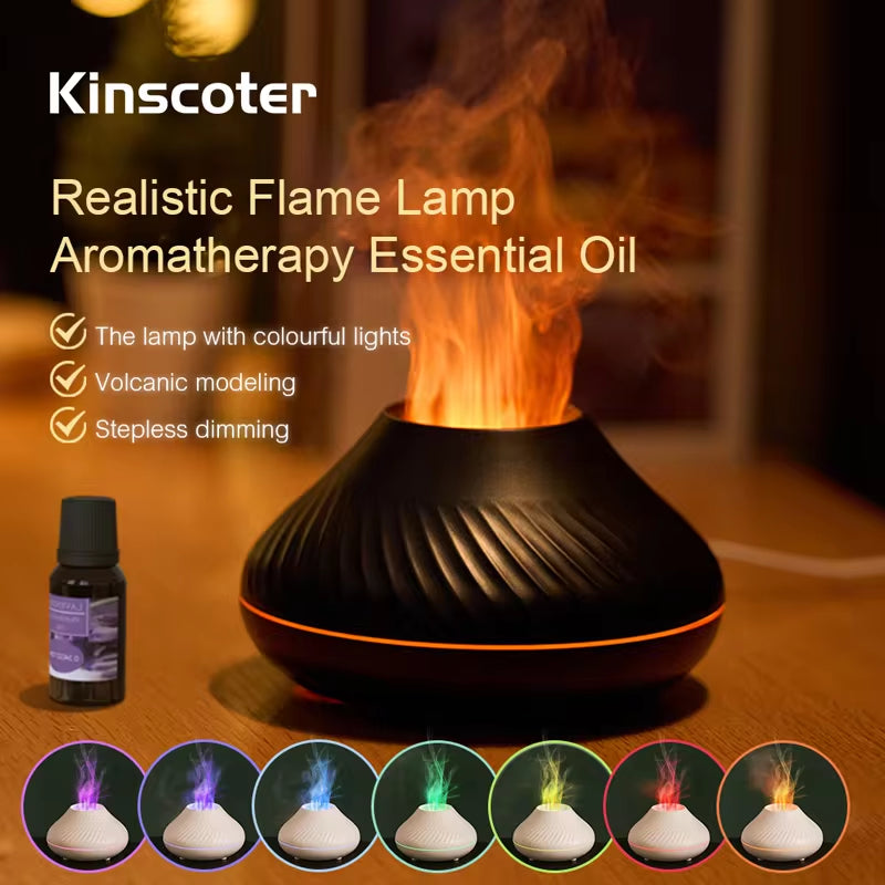 Kinscoter Portable USB Volcanic Aroma Diffuser and Essential Oil Lamp with 130ml Capacity and Color Flame Night Light