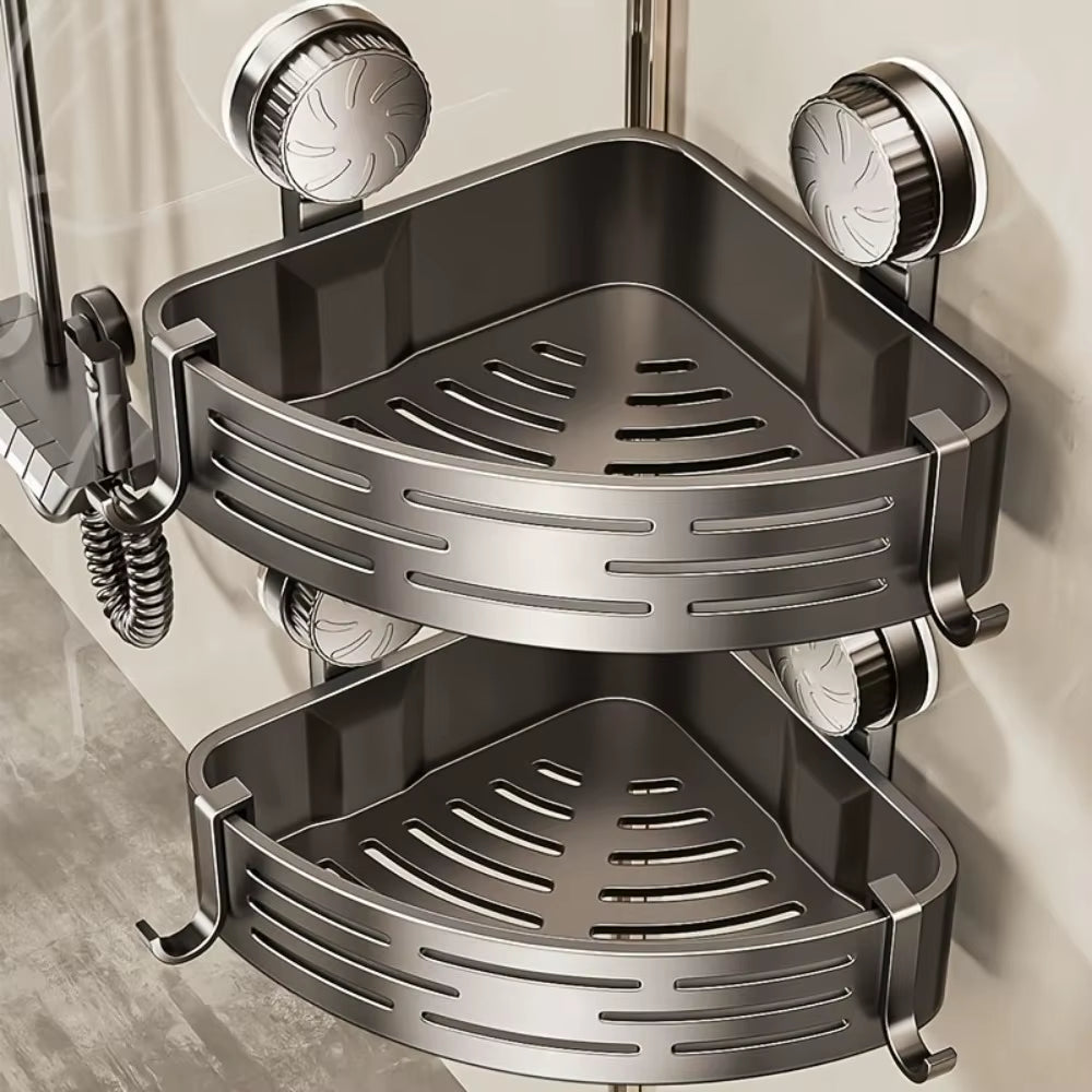 Triangular Suction Cup Bathroom Storage Shelf - No Drilling Required, Multifunctional Organizer with Hooks