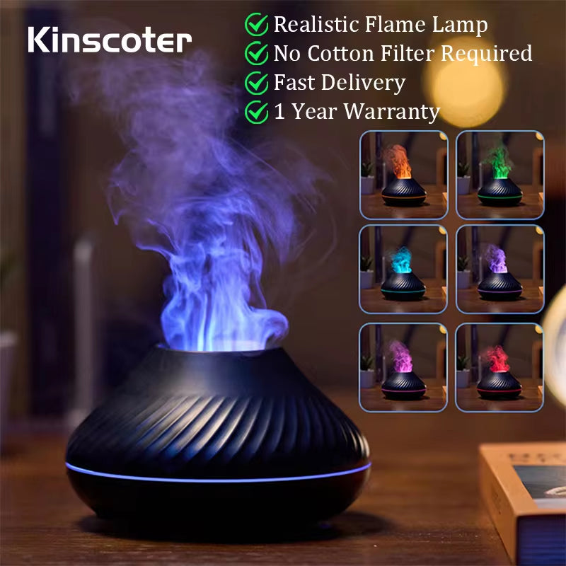 Kinscoter Portable USB Volcanic Aroma Diffuser and Essential Oil Lamp with 130ml Capacity and Color Flame Night Light