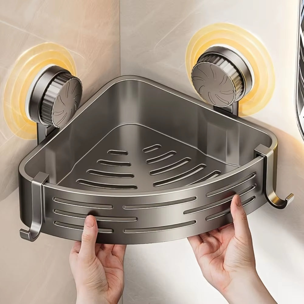 Triangular Suction Cup Bathroom Storage Shelf - No Drilling Required, Multifunctional Organizer with Hooks