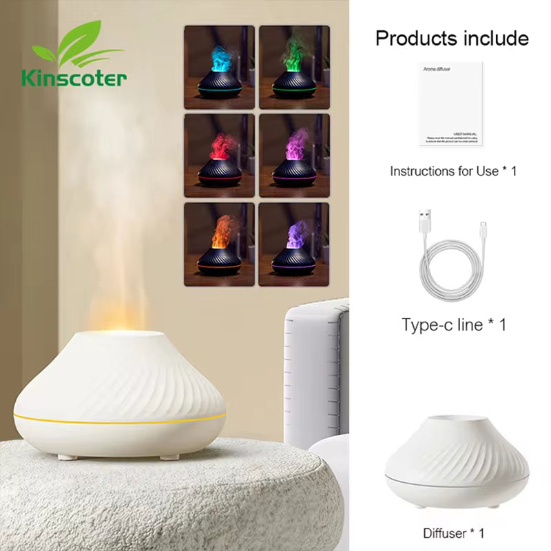 Kinscoter Portable USB Volcanic Aroma Diffuser and Essential Oil Lamp with 130ml Capacity and Color Flame Night Light